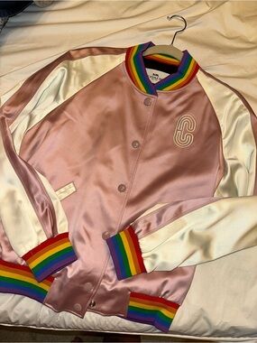 Coach Pink Satin Bomber Jacket with Rainbow Trim